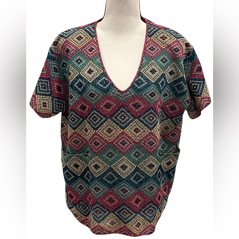 Dries Van Noten Metallic Short Sleeve Top Sweater V-Neck Medium Green Blue Pink